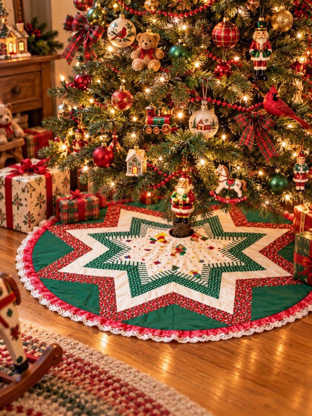 Handmade Quilted Christmas Tree Skirt 38” Star Pattern Lace Trim Holiday Décor